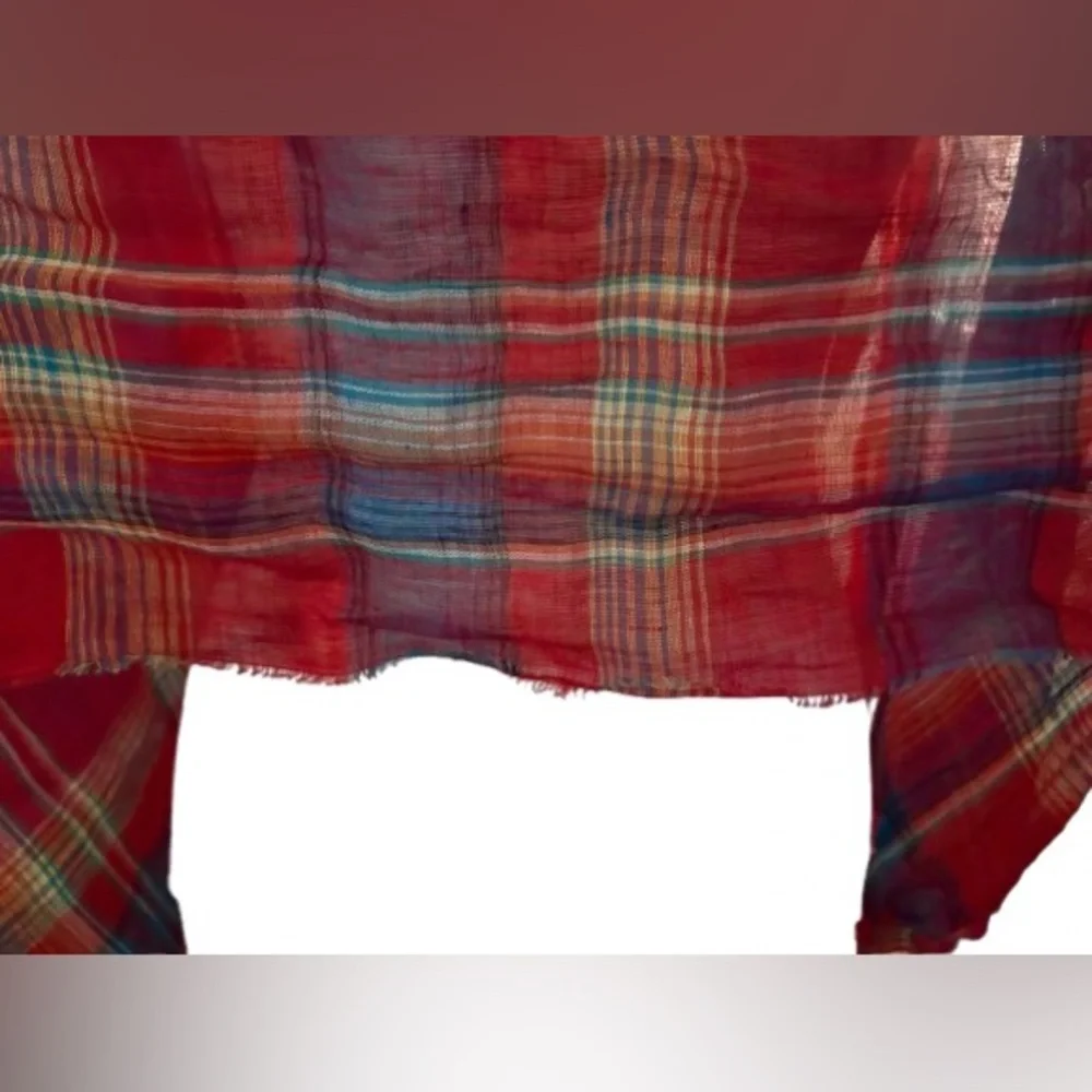 Polo Ralph Lauren Linen Plaid Red Aqua Colorful Linen Scarf Logo Embroidered